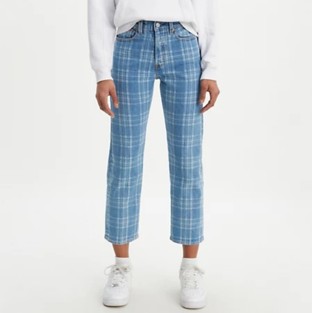 Levi's x Free People Blue Plaid Print High Rise Button Fly Wedgie Straight Jeans - Picture 3 of 13